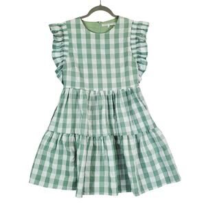 English Factory Cottagecore Dress S Green White Check Ruffle Tier Prairie Whimsy